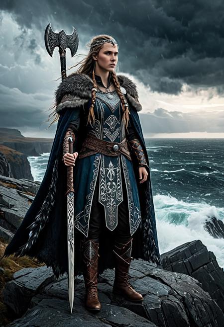 A powerful medieval Viking princess standing on a rocky cliff overlooking a stormy sea, wearing ornate Norse armor with intricate engravings, layered furs, and a flowing cloak. Her long braided hair is adorned with silver beads and raven feathers. She holds a carved axe at her side and wears a regal circlet with Nordic runes. The sky is dark and dramatic, with clouds swirling and lightning in the distance. Moody cinematic lighting, ultra-detailed textures, windswept environment, epic fantasy realism, 8k, concept art style, Artgerm, Craig Mullins, sharp focus, volumetric light, high dynamic range.
