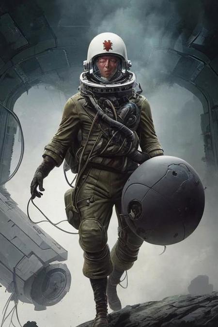 masterpiece, ultra high resolution, 3/4 view, a man in a space suit with a helmet , space explorer, sovietpunk, breathtaking background,