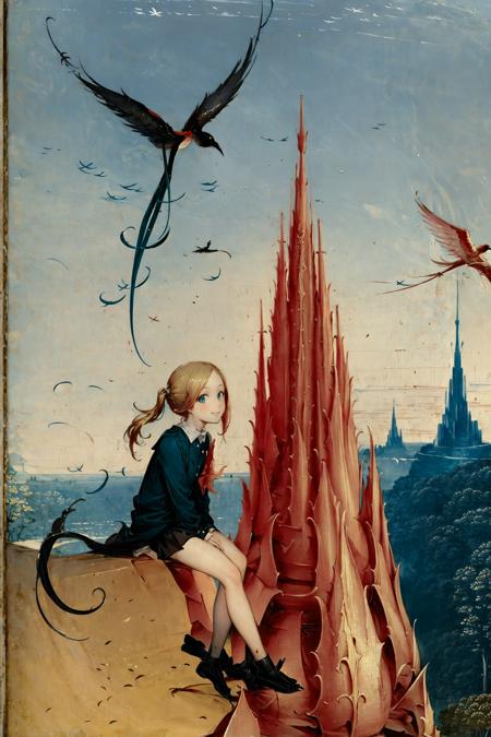 tged, <lora:tged-000007:1>,the strange red tower in the modern city,long-tailed bird flying,1 girl sitting on the edge of the tower,solo,full body,school uniform,golden hair,pigtail,blue eyes,smile,looking at viewer,