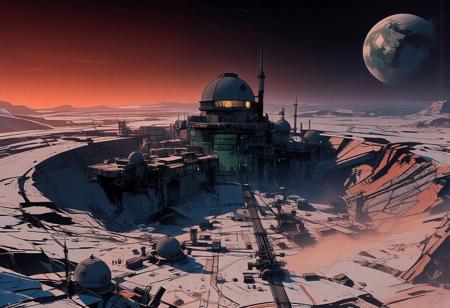 Aerial view from a great height far away of a massive lunar crater spanning several kilometers. A scientific research station, almost a futuristic city and a mining extraction facility, stands at the heart of this vast lunar basin.
The station’s architecture is sleek and harmonious, composed of glass and steel. A grand building with a colossal astronomical observatory dome towers over numerous other structures, many of which have small domes or cupolas. Multiple platforms host residential and research facilities, with scattered lights, intricate staircases, and antennas spread throughout the area. The crater’s edge is distinctly visible several kilometers away.
In the foreground, additional research domes, pipelines, conduits, and enormous mining machines contribute to the bustling activity across the plain. The sky is intensely illuminated as the sun sets, casting an orange and bluish glow over the frozen city. The air is frigid, with ice crystals drifting in the wind, lifting snow and dust just above the ground. In the vast expanse of space, Earth can be seen setting on the horizon.