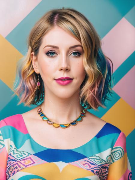 Katherine Ryan, RAW photo, a portrait photo of 35 y.o woman, soft pastel multicolor hair and makeup, short haircut, smiling, multicolor high fashion clothes, (geometric pattern background), by Wes Anderson, (high detailed skin:1.2), 8k uhd, dslr, soft lighting, high quality, film grain, Fujifilm XT3 <lora:Katherine-Ryan-v10:0.7>