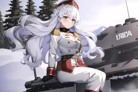 1girl, alpha1918, military clothes, medals, white hair, curls, (tank at background), at full size, boots, armored vehicle, military vehicle, winter forest, snow, snowfall