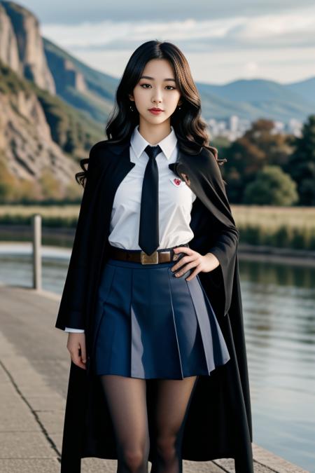 realistic, masterpiece, high detailed skin, looking at viewer, full body shot, scenic view, long hair, black hair
school uniform, long sleeves, black cape, black necktie, wing collar, shirt, belt, skirt, pantyhose, loafers  <lora:Black_School_Dress_By_Stable_Yogi:1>