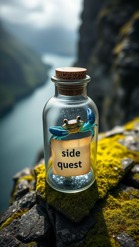 Artistic style portrait photo,zoom shot, hasselblad, 8k, close up shot of a little blue crab inside a glass bottle holding a little scroll in its hand,a beam of light falling on the bottle,"side quest" written on the bottle,on a norway rocky cliff with green moss,depth of field,shadows and strong contrast, overlooking a river,outcast weather