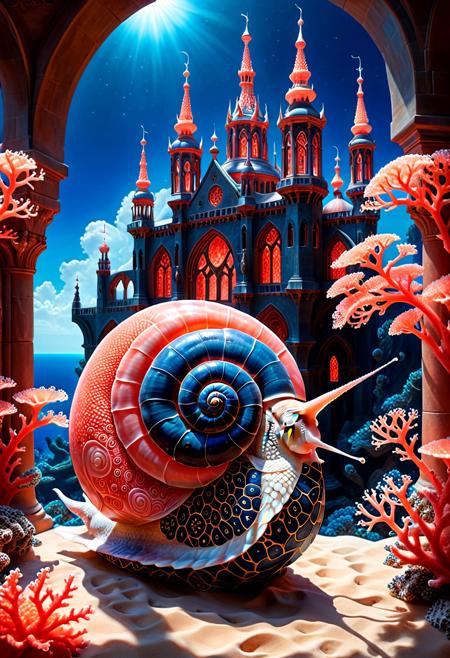 A surrealist painting in the style of Salvador Dalí. intricate, airy construction resembling the vaulted arches of a Gothic cathedral. A digital painting in a realistic style with elements of surrealism, depicting a luminous, airy gothic structure built from dendritic coral-like forms, bathed in soft ambient light. In the center of the composition sits an ethereal, anthropomorphic astral snail with a deep blue spiral shell. The shell is adorned with intricate, organic, dendritic patterns in vivid coral red. The snail gazes serenely, radiating a mystical, ancient presence. The entire scene evokes a sense of cosmic tranquility and underwater cathedral-like grandeur, filled with light and delicate coral textures. The day is bright and sunny, with a deep blue sky and calm sea. The coral architecture glows with fiery red and orange hues, sparkling in the sunlight, forming a dreamlike fusion of marine life and sacred architecture.