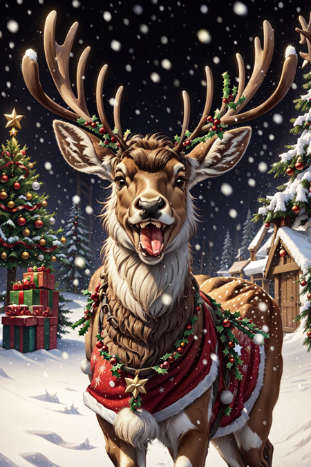 RagingReindeerSplash, solo, open mouth, tongue, tongue out, black eyes, no humans, christmas, snow, snowing, antlers, animal focus, christmas tree, reindeer antlers, deer, reindeer <lora:RagingReindeerSplash:0.8>