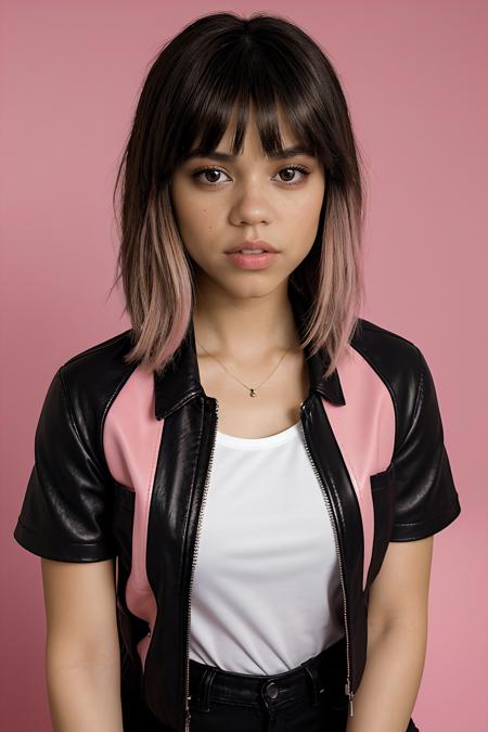 jenna orterga, jenna_ortega_v4 wearing leather jacket with t-shirt, skinny, bangs, 
black leather jacket, pink t-shirt,  
head shot, close up, upper body, simple solid background, mid-twenty, age:21, 21 year old, portrait, 
<lora:Jenna_Ortega_V2:0.7>,