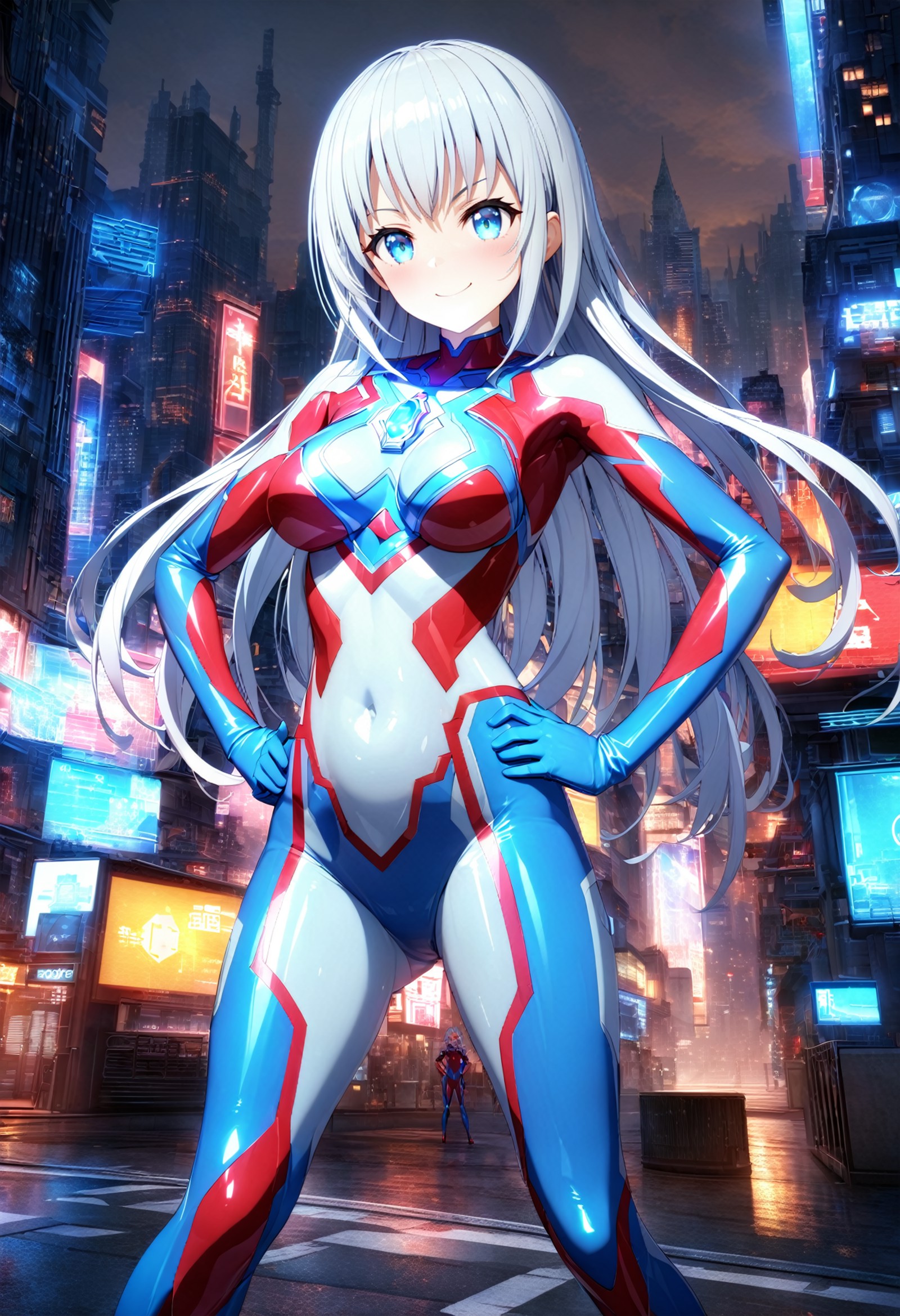 ultragirl, full body, (standing :1), hands on own hips, thumbs up, (smile:1.0), (a glowing blue gem on chest :1), red silv...