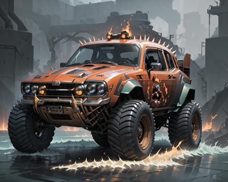 (masterpiece, best quality:1.1), ultra-detailed, (battlecar:1.1), vehicle focus, no humans, car, wheel, tire, debris, (vintage car:1.05), fire, spike, splash, water, clean, galaxy paintjob