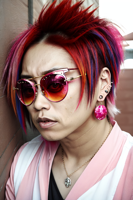 Vkei_Realism, (masterpiece), Hideto_Matsumoto, solo, 1boy, jewelry, earrings, necklace, red hair, short hair, pink rimmed sunglasses, pink hair, portrait, multicolored hair, brown eyes, upper body, (detailed face), (detailed fabric), rim lighting, cinematic lighting, portrait,<lora:Vkei_Realism:0.75>