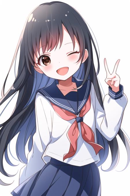 masterpiece, best quality, masterpiece,<lora:Buchi-8:1>, Buchi, 1girl, solo, one eye closed, long hair, skirt, school uniform, smile, open mouth, white background, brown eyes, v, simple background, serafuku, black skirt, double peace sign, pleated skirt, red neckerchief, neckerchief, black sailor collar, black hair, ;d, shirt, long sleeves, sailor collar, looking at viewer, very long hair, blush, white shirt, bangs, head tilt, hands up, cowboy shot