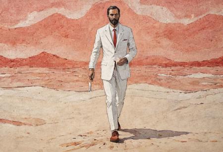 old book style ink illustration, on parchment, ink splashes, ink stains, ink smears, faded ink,(Digital Art by Peter Doig and Andrea Pisano: 1.2), A French man in a white suit, dressed in pure white clothes, walking on the beach, (lightweight suit), (canvas shoes), noon, baked by the bright sun, (sun high in sky), red sand, the magical solar aesthetics of mosaic art, unconventional supreme masterpieces, exquisite details, intelligent atmosphere, and gentle atmosphere. (Balanced central component, :0.5)