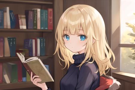 masterpiece, best quality, 1girl, portrait, standing, blunt bangs, medium hair, , blonde hair, sweater, fluffy, indoors, bookshelf, book, scroll, , <lora:hikarisoft32:0.9>