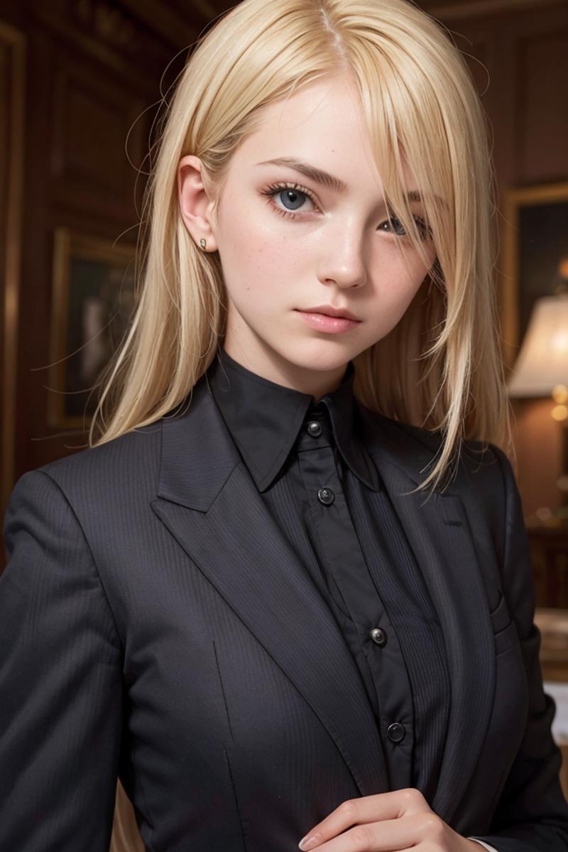 A blonde woman wearing a black suit and tie, standing in a room.