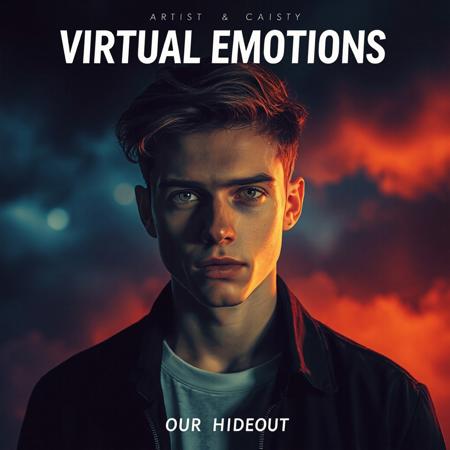 high quality design aesthetics, dramatic, pop, emotive, detailed, pop album cover, young white man, artist name "Virtual Emotions", album title "Our Hideout"