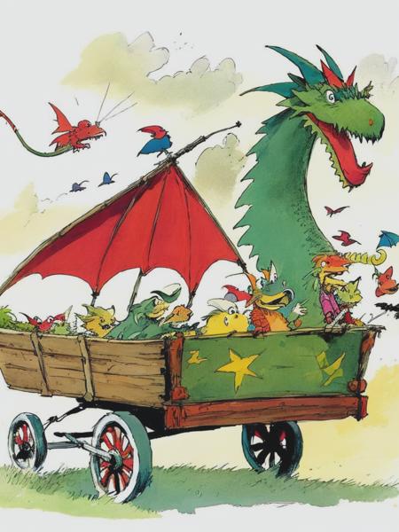 <lyco:QuentinBlake:1.0> a dragon in a wagon, quentin blake style