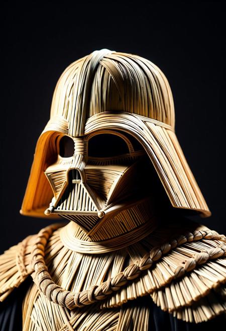 Darth Vader's helmet made entirely from intricately woven straw and natural fibers, iconic shape reimagined with braided and coiled straw, dark raffia used to sculpt the angular mask, woven lattice grille with symmetrical patterns, glowing ember-like eyes recessed into the straw structure, slightly burnt edges adding a scorched, ominous look, neck details made from looped reeds and knotted straw, ultra-detailed textures, cinematic lighting with dramatic shadows and golden highlights, handcrafted folk art meets sci-fi, magical realism, trending on ArtStation, 8k resolution, dark fantasy reinterpretation