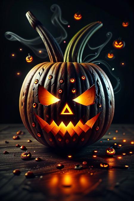 Close up of an evilHalloween pumpkin on a wooden wet table in a dark rainy and misty forest at night. The trees are black. The full moon appears behind the dark clouds behind the trees and the blue moonlight blends in with the misty atmosphere. 8k render ensuring crisp and clear details with realistic shadows, reflections and vivid and vibrant colors. <lora:aidmaHyperrealism:0.5> aidmaHyperrealism, extremely high-resolution details, photographic, realism pushed to extreme, fine texture, incredibly lifelike, <lora:ImageUpgraderV2:0.5> detailmaximizer, easynegative, c4d, blender, raytracing, unreal engine 5, render 3d, OverallDetail,