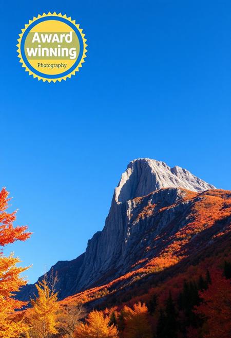 Award-winning photography, towering mountain peak, autumn scenery with vibrant fall colors, clear sky with no clouds, crisp atmosphere, golden and red leaves, sharp mountain textures, dramatic sunlight, wide-angle shot, professional composition, serene and peaceful.