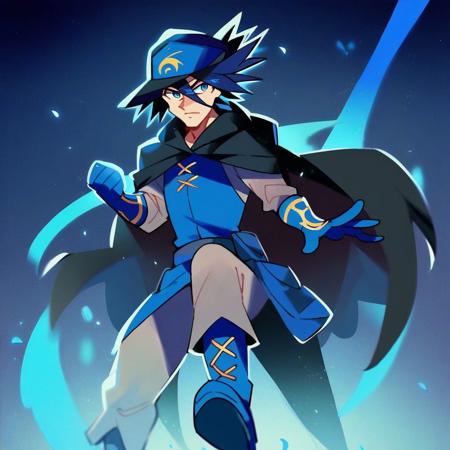 1boy, black hair, blue eyes, spiked hair, hair between eyes  Hat, cape, black cape, tunic, long sleeves, pants, boots, belt, blue gloves