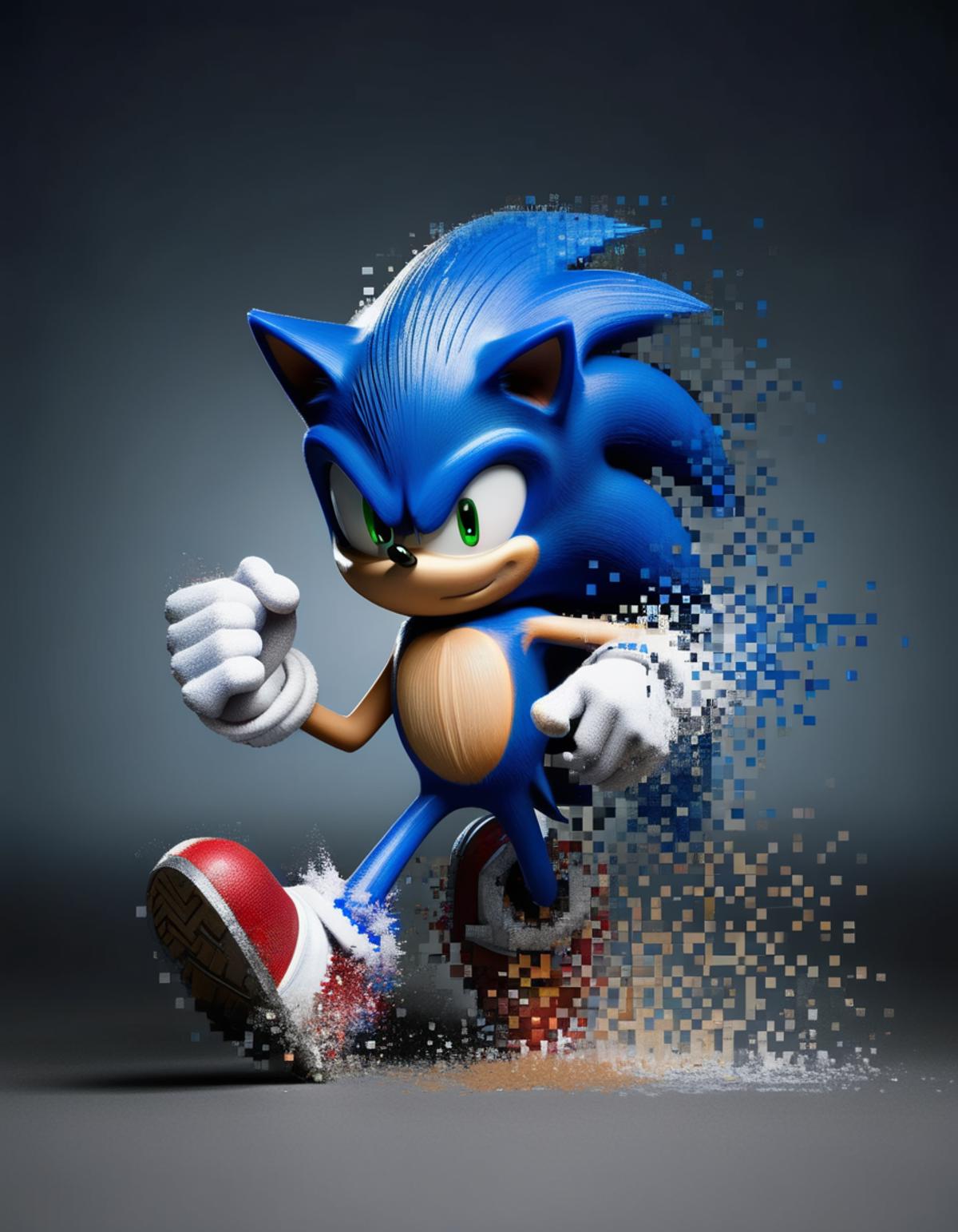 A 3D rendering of Sonic the Hedgehog running in motion.