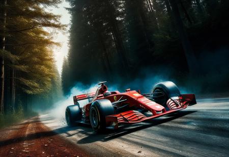 32k HDR Colorfull photorealistic , Ferrari red F1 car, digital painting, goo fast in dirty forest road, backgrund tree, Canon eos r3 , canon fish eye lens, masterpiece, award winning photo