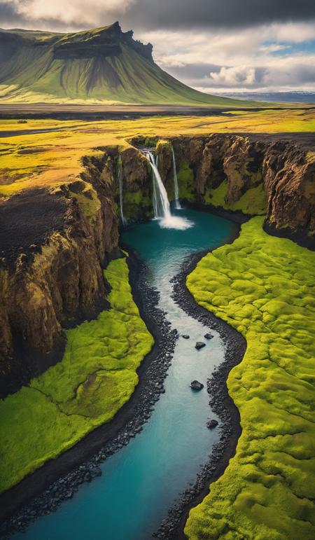 Adventure, Aerial View, Agricultural Field, Awe, Beauty, Beauty In Nature, Canyon, Cliff, Cloud - Sky, Color Image, Discovery, Dramatic Landscape, Drone, Environment, Environmental Conservation, Exploration, Extreme Sports, Extreme Sports Point of View, Extreme Terrain, Famous Place, Geology, Green Color, Hill, Horizontal, Iceland, Idyllic, Island, Journey, Landscape - Scenery, Lava, Majestic, Moss, Mountain, Mountain Peak, Mountain Ridge, Nature, No People, Non-Urban Scene, North, Outdoors, Photography, Ravine, River, Rock - Object, Rough, Scenics - Nature, Sky, Social Issues, Stone - Object, Stone Material, Stream - Body of Water, Summer, Tourism, Travel, Travel Destinations, Uncultivated, Vacations, Valley, Vibrant Color, Volcanic Landscape, Volcano, Water, Waterfall, Wilderness, breathtaking photograph, dramatic light, award-winning, professional, highly detailed . 35mm photograph, film, bokeh, professional, 4k ,minimalistic, daylight, warm atmosphere, cinematic look, simple look, simple style, dramatic scene, unusual scene