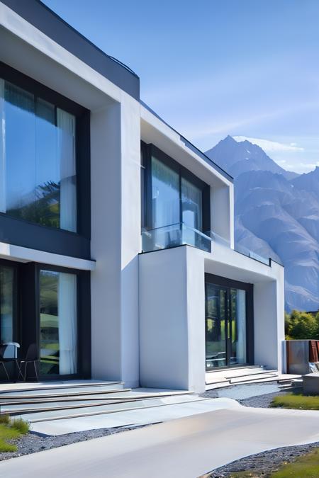 <lora:JJsModern_Style_House:1>, ((Modern Style House)), building,masterpiece , best quality, RAW photo, subject, 8k uhd, dslr, soft lighting, high quality, film grain, Fujifilm XT3, outdoors, sky, day, cloud, tree, blue sky, ground vehicle, building, scenery, road, lamppost, real world location,, door,entrance, beam,column, window,trees, sunlight, public blocks,daytime, mountains,   lively city streets, enough detail, high resolution, 8k, HD, super realistic, Photorealistic, highly detailed, door, fense, gate,