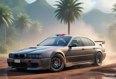 BMW e39 3, scratches, rainbow dust, fog, dirt, very beautiful, car on the island, by the fire, against the backdrop of a palm tree, the car is covered in mud and creaks, water on the ground, 3d rendering, cyberpunk, car with an American sports cars, street racing, perfect image, vibrations, game asset , symmetrical, tuner, modified car, wide body, tram, street racing, 4k, modding culture, photorealistic, high detail, game ready, other car racing, city life