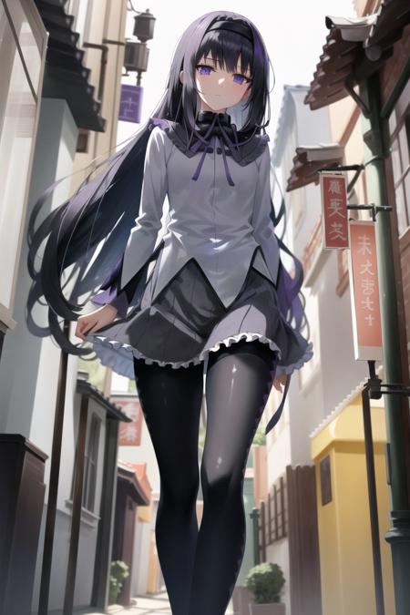 night, dark, dimly lit, windy, aesthetic, intricate, sharp focus, aesthetic, intricate, sharp focus, best quality, extremely detailed,1girl, solo, from below, BREAK Homura Akemi, (walking through a city alleyway), flat chest, extremely detailed textures, scowling, pouting, looking down on the viewer, (extremely detailed shiny_anime_style_eyes) <lora:HomuraAkemi:1>