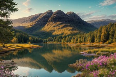 beautiful, ((masterpiece:1.4)), ((best quality:1.2)), intricate details, highland landscape, trees, flowers, crystal clear lake, highres, realistic,UHD, sharp focus, mesmerizing, ultra detailed, high texture resolution