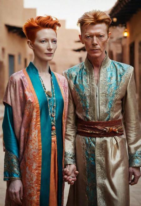 2 person holding hands, masterpiece, ultra realistic, professional photography, intricate details, young beautiful Tilda Swinton in oriental costume, young beautiful David Bowie in oriental costume, ancien colourful Arabian city background, soft dim natural lighting,