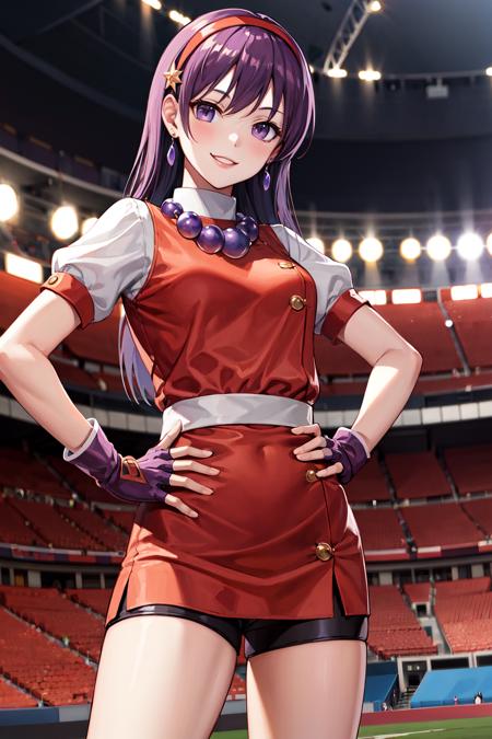 masterpiece, best quality, highres, aa1, purple hair, long hair, hairband, long hair, necklace, bike shorts, earrings, red dress, medium breasts, puffy short sleeves, white sleeves, wristband, fingerless gloves, <lora:asamiya_athena:0.6>, cowboy shot, smile, hand on hip, stadium,