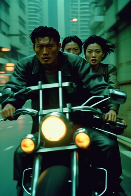 <lora:Director Wong Kar-wai style:1>Director Wong Kar-wai style - full shot, in the style of high speed film, two Couples ride motorcycles on the roadway, in Hong Kong old time, 90s, Hong Kong gangster movie, Young and photography film style in in the style of high speed film, movement and spontaneity captured, movement and spontaneity captured, muted colours, eclectic curatorial style, in the style of surrealist dreamlike scenes, i can't believe how beautiful this is, street scenes with vibrant colors, cinestill 50d