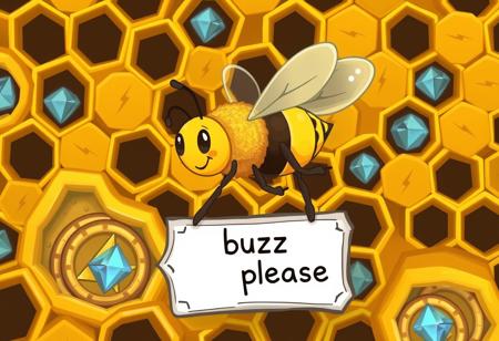 A cute bee flying over huge honeycombs with stylized lightning bolt coins and gems inside, holding a sign that says "buzz please"