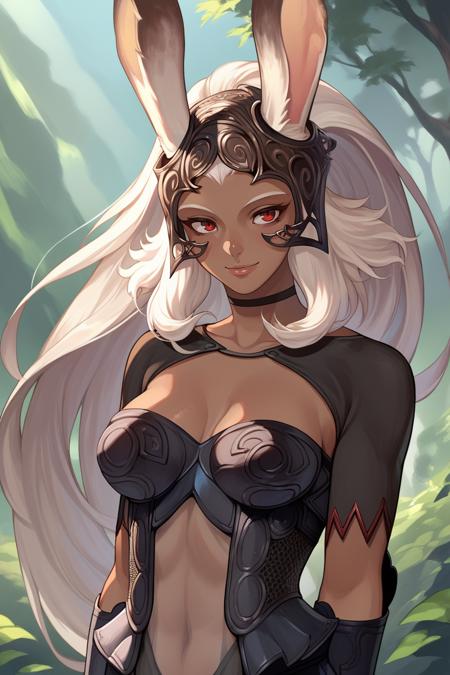 ff12fran, viera, rabbit ears, dark skin, white hair, long hair helmet, revealing clothes, armor, bracers, armored legwear, see-through