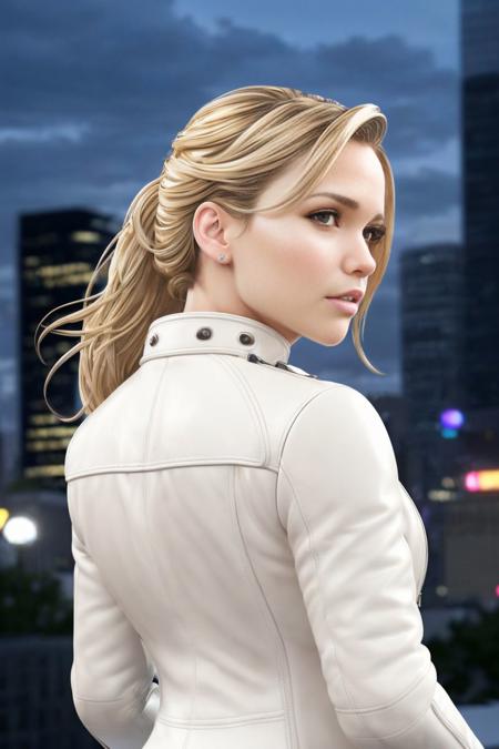 a detailed photo of a stylish, S013_MiaMalkova wearing a (white_leather_jacket:1.2), (night time:1.3), (downtown), (8k, RAW photo, highest quality, best quality, masterpiece, ultra-detailed, hires, absurdres), (photorealistic, hyper-realistic:1.2), Unreal Engine