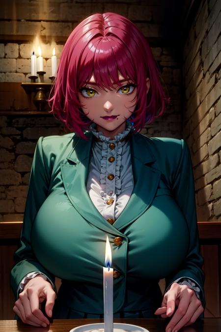 himeno short hair,pink hair,yellow eyes,,solo,large breasts,purple lipstick,mole under mouth black skirt,miniskirt,white shirt,green blazer,buttons,frilled,garter straps,garter,black high heels