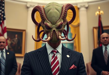 president cthulu in a sharp pin striped suit posing for presidential portrait in the oval office, real photograph
