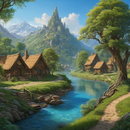 a beautiful and highly detailed painting of a woven willow elven town in a forest, a river, blue clear sky, epic scale, insanely complex, hyperdetailed, sharp focus, hyperrealism, artstation, deviantart, 4K, 8K, 
