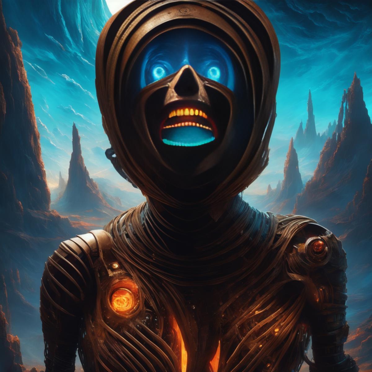 A robot with blue eyes and a screaming mouth is featured in a dark, futuristic setting.