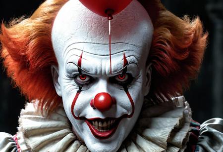 a close-up, highly detailed and realistic digital art portrait of a horror clown inspired by Pennywise from Stephen King's "It," with blood on his face, intricate and elegant realistic clown makeup, rendered in CGI, in the style of pennywise theme, 4k resolution, stunning and terrifying digital artwork.