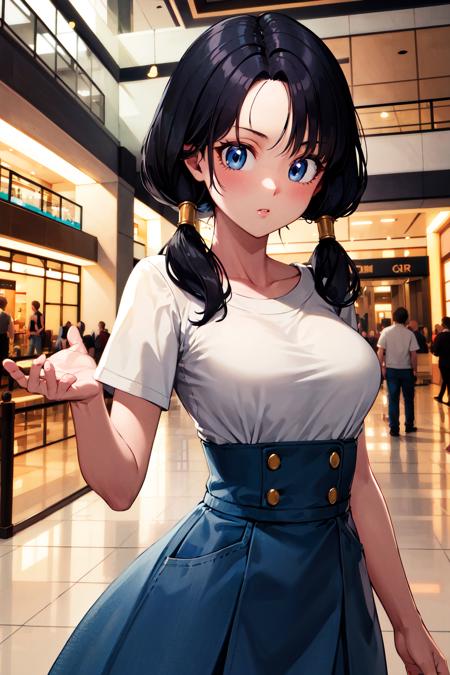 masterpiece, best quality, highres, videl2, solo, blue eyes, black hair, twintails, medium breasts, <lora:videl_v10:0.7>, cowboy shot, mall, high-waist skirt,