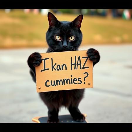 a black cat, green eyes, it holds a sign with both paws, the sign says: "I kan HAZ cummies!?" in handwriting, standing on hind legs, standing on a skateboard, skate park in background. sad cat face.
