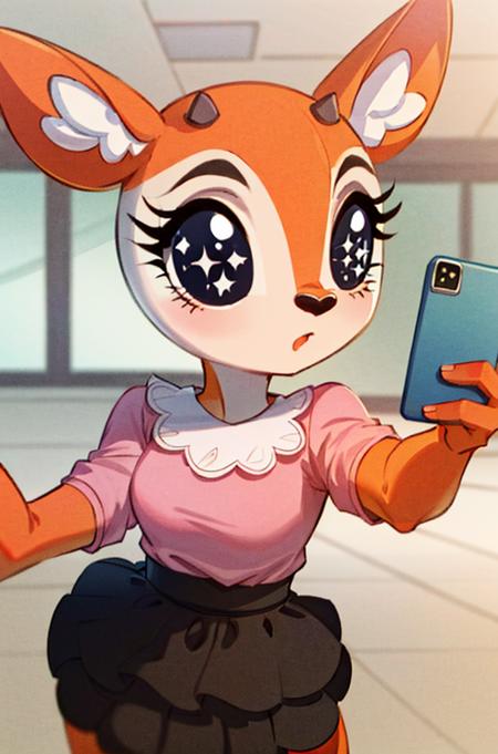 1girl, (anthro furry:1.2), TsunodaCzar, (big eyes:1.4, two-toned fur, orange fur, black eyes, deer ears, horns, snout), (pink blouse, black skirt), (interior, office), (selfie:1.4), (masterpiece:1.2), hires, ultra-high resolution, 8K, high quality, (sharp focus:1.2), clean, crisp, cinematic, <lora:Tsunoda-v1:1>