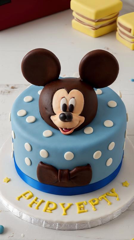CakeStyle mickey mouse. Marzipan cake shaped like mickey mouse. <lora:CakeStyle:0.55>
