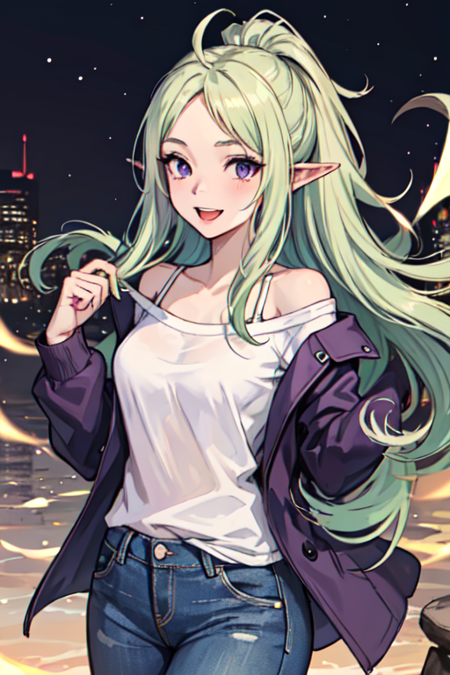 <lora:Nowi_fe_v1:.6>, nowi_fe, 1girl, solo, light green hair, purple eyes, jeans, white shirt, off shoulder,