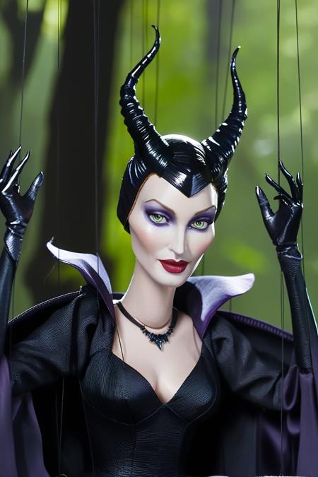 Angelina Jolie as Maleficent, in magical forest, marionette, <lora:marionette_lora_sdxl:0.85>