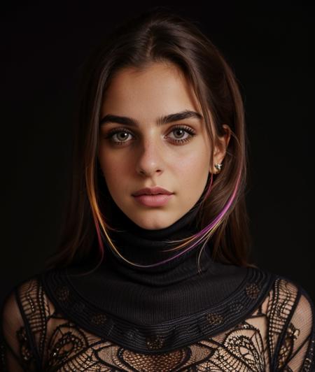 s3rb23, Sara Bustani, Black background, (Colorful dress Turtleneck), breast, close portrait photo, intricate color dress, girl