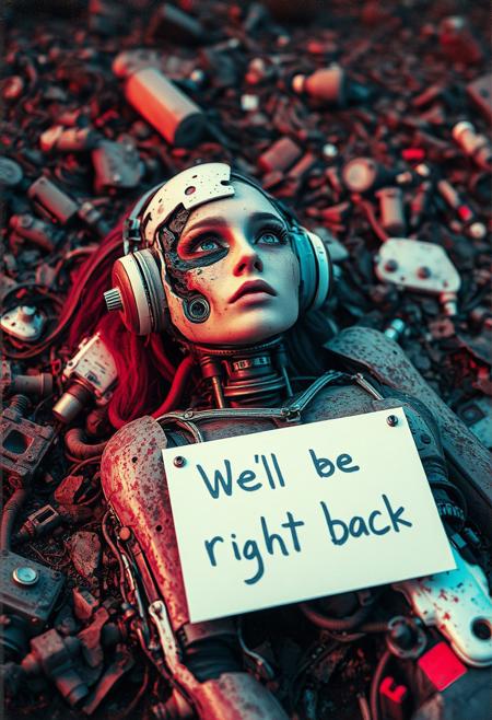 biomechanical style Photo of a broken ruined cyborg girl in a landfill, robot, body is broken with scares and holes,half the face is android,laying on the ground, creating a hyperpunk scene with desaturated dark red and blue details, colorful polaroid with vibrant colors, (vacations, high resolution:1.3), (small, selective focus, european film:1.2), with sign "We'll be right back", dappled light, <lora:BioPunky:0.8> , blend of organic and mechanical elements, futuristic, cybernetic, detailed, intricate, Cinematic portrait photography, capture subject in a way that resembles a still frame from a movie, cinematic lighting, story, narrative quality, drawing viewers into the scene and evoking a sense of cinematic immersion, capturing emotion, professional, engaging, compelling composition